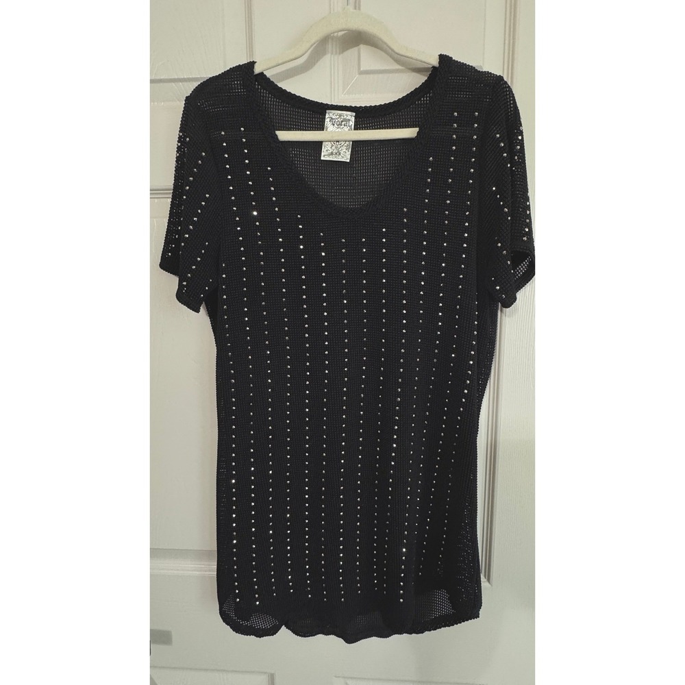 Vocal Top Womens Large Black Mesh Rhinestone V-Neck‎ Short Sleeve Sheer 14332S